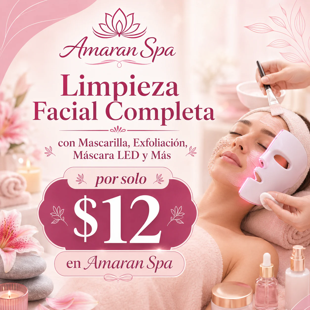 Limpieza Facial Completa con Mascarilla, Exfoliación, Máscara LED y Más por solo $12 en Amaran Spa
